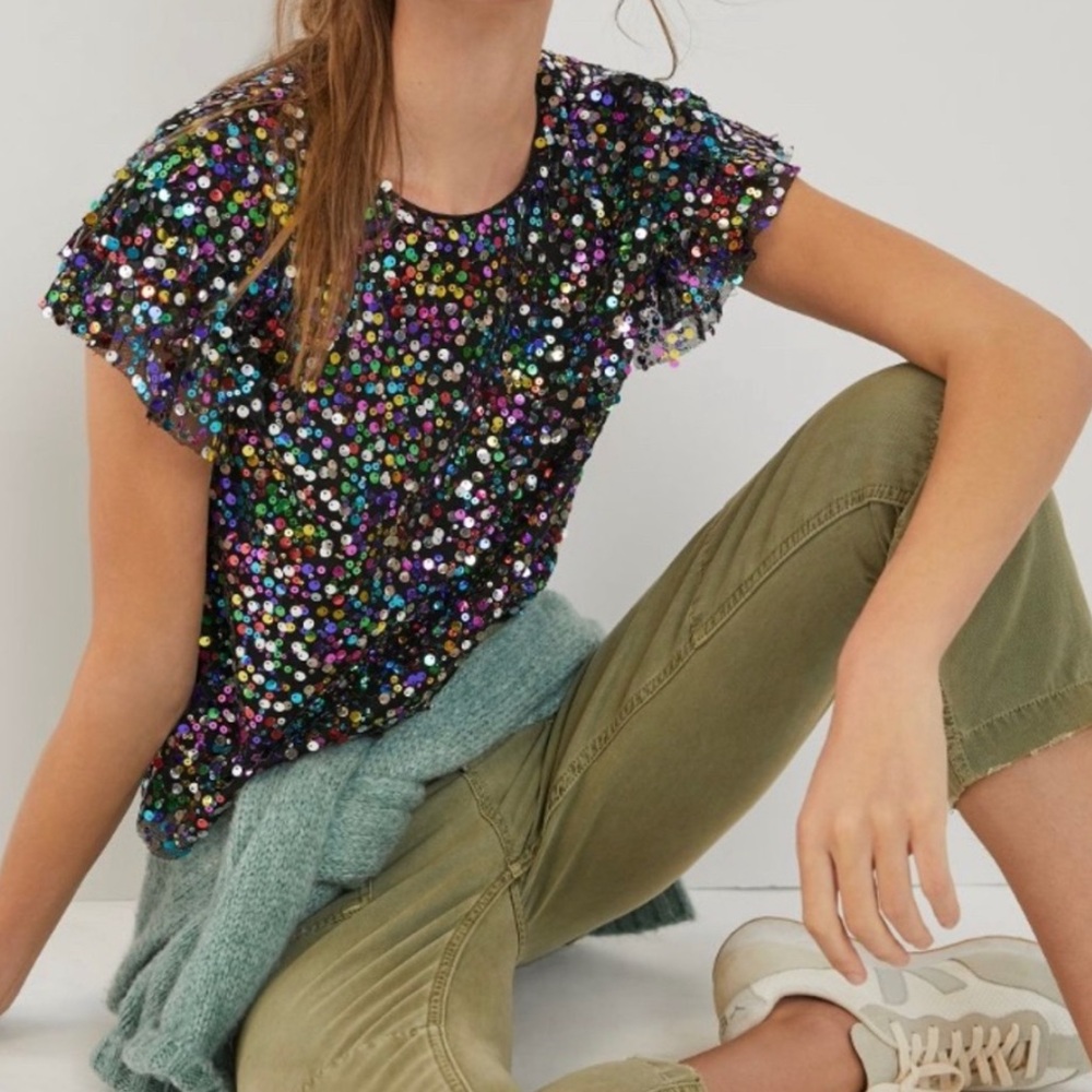 Anthropologie Pamela sequin mesh flutter sleeve blouse size petite medium